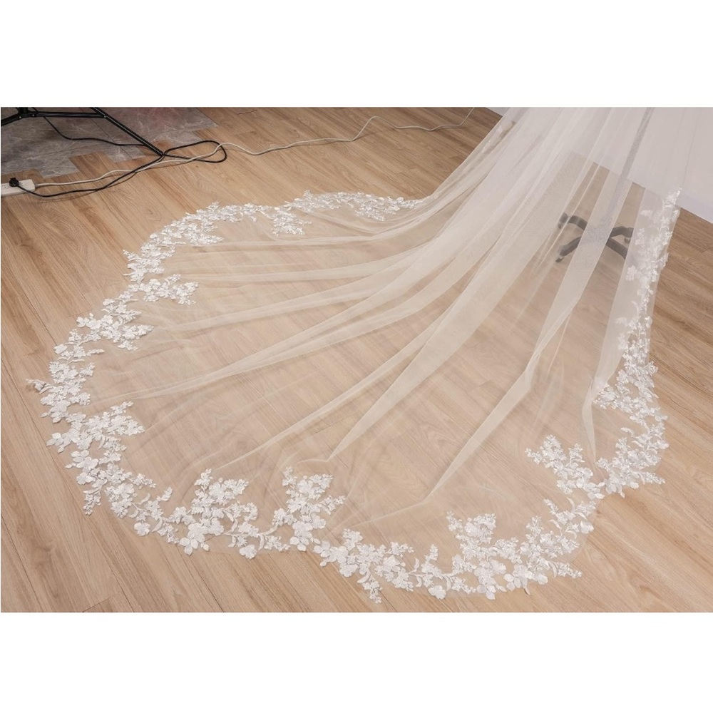 Cathedral Length Floral Lace Wedding Bridal Veil With Metal comb - color: white